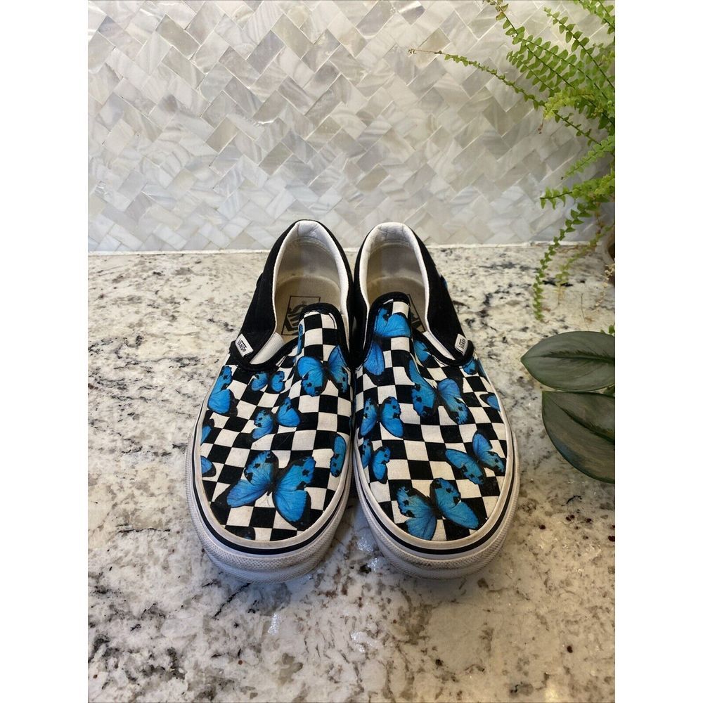Vans Checkerboard Blue Butterfly Slip On Low Top Sneaker Shoe Women 9 Men 7.5
